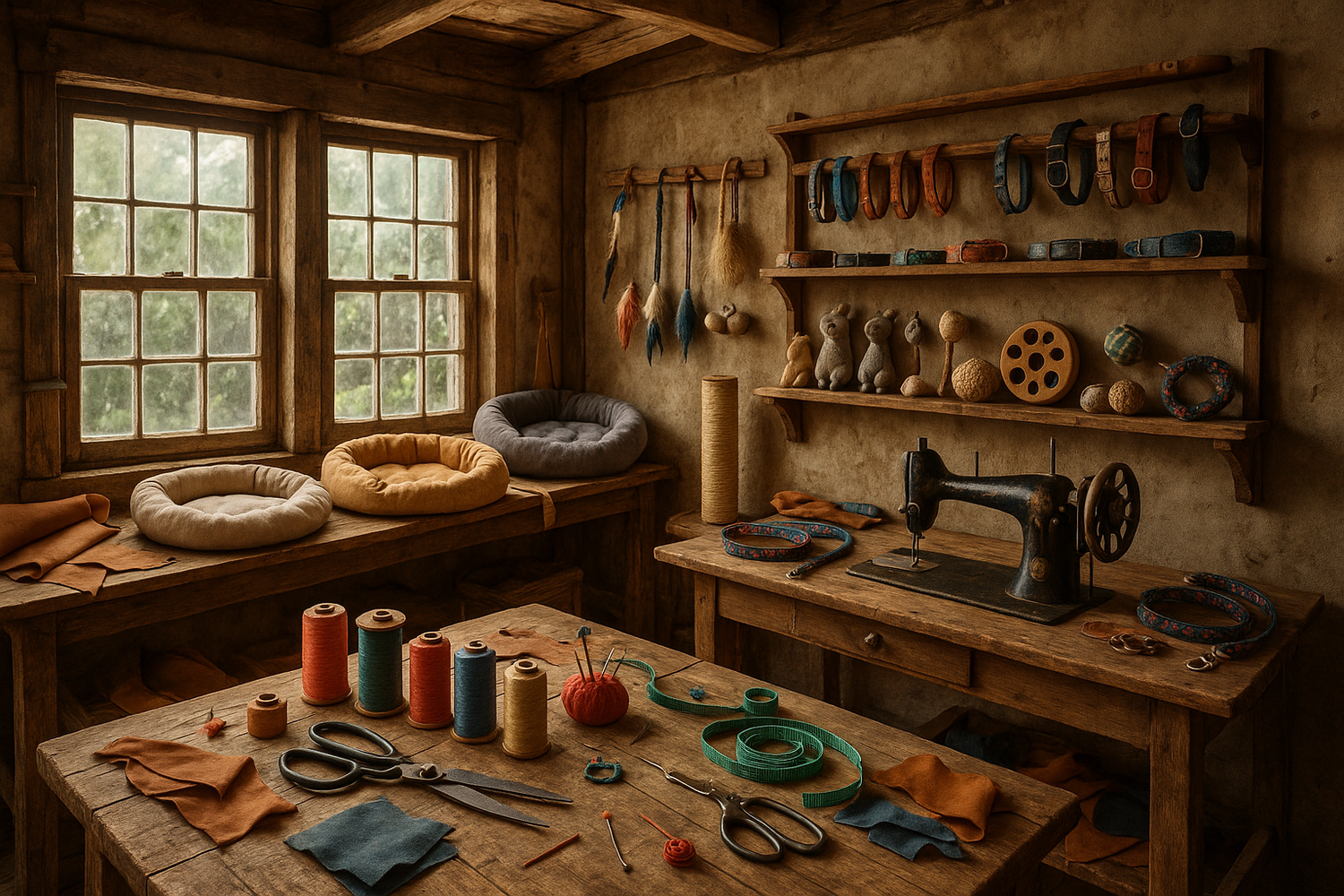 bitte noch ein bisschen KAtzenspielzeug hinzufügen und das Werkzeug ersetzen mit Nähutensilien